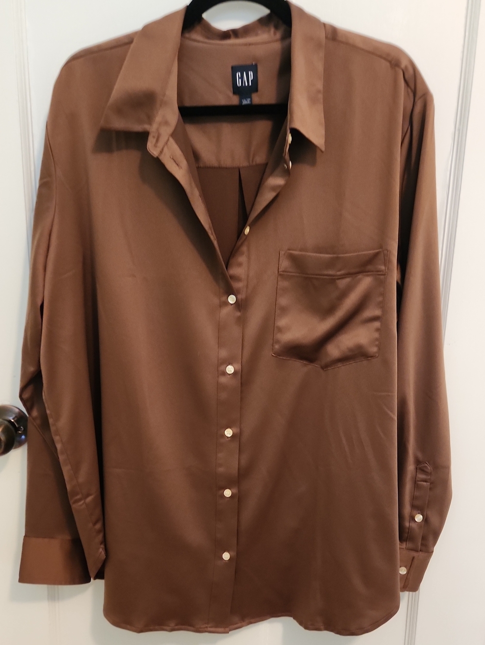 GAP Satin Button-Down Blouse in Warm Brown